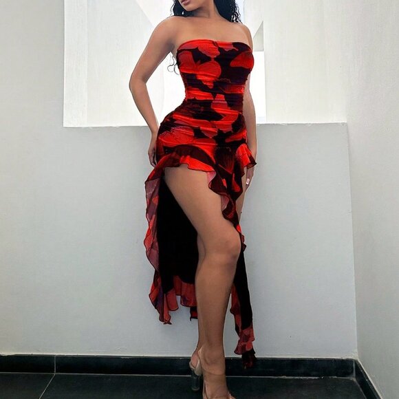 Red Sexy Women's Butterfly Print Flowy Ruffle Trim Slit Bodycon Dress Vacation - Picture 4 of 5